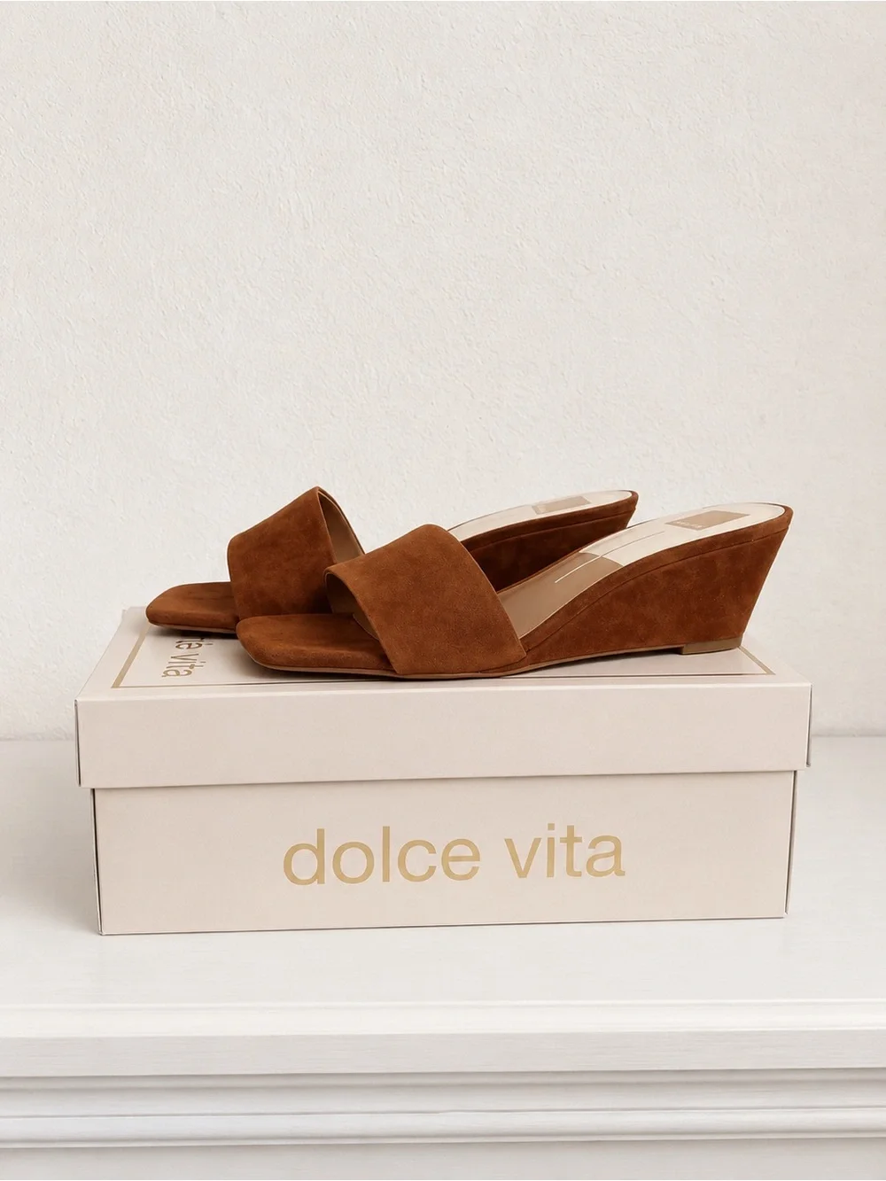 Dolce Vita Cognac Suede Qaily Wide Wedge Slide Slip On Square Toe Sandals